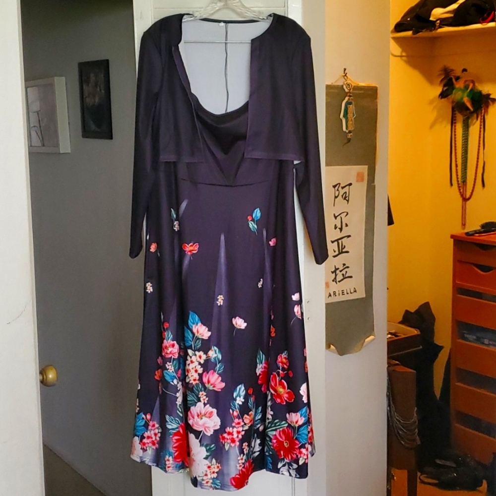 Tea-length black dress with connected bolero and flowers on bottom, 2XL